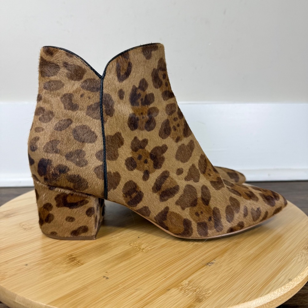 Cole Haan Elyse Booties Women 7B Tan Leopard Hair Calf Block Heel Ankle Boot